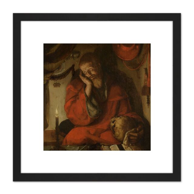 Artery8 Van Leyden Saint Jerome Study Candlelight 8X8 Inch Square Wooden Framed Wall Art Print Picture with Mount in Black - image 1