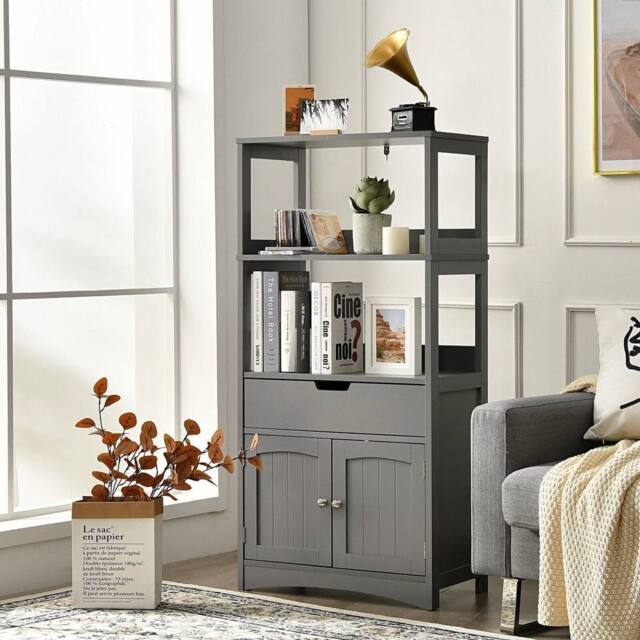 FORGEVIO Bathroom Floor Cabinet Wooden Tall Storage Cupboard in Grey - image 1