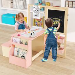Costway Kids Art Easel & Table & Bench Set w/Double-Sided Adjustable Easel in Pink