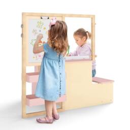 Costway Kids Art Easel & Table & Bench Set w/Double-Sided Adjustable Easel in Pink - thumbnail 2