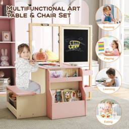Costway Kids Art Easel & Table & Bench Set w/Double-Sided Adjustable Easel in Pink - thumbnail 7