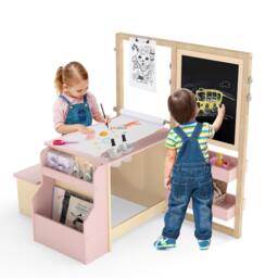 Costway Kids Art Easel & Table & Bench Set w/Double-Sided Adjustable Easel in Pink - thumbnail 3