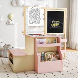 Costway Kids Art Easel & Table & Bench Set w/Double-Sided Adjustable Easel in Pink - thumbnail 4