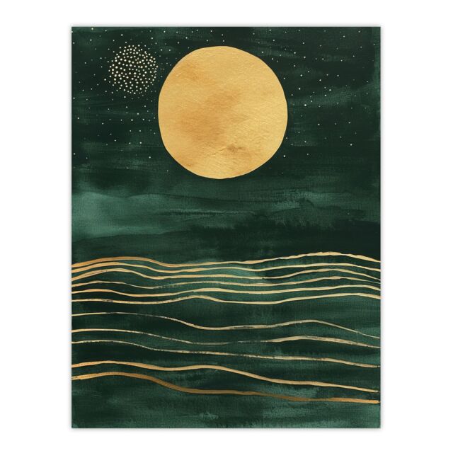 "Artery8 Boho Abstract Full Moon Dark Green Gold Seascape Wall Art Print - Size: W24"" x H32""" - image 1