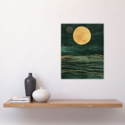 "Artery8 Boho Abstract Full Moon Dark Green Gold Seascape Wall Art Print - Size: W24"" x H32""" - thumbnail 4