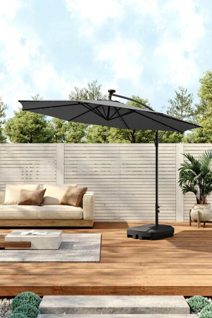 Living and Home Outdoor 32 LED Lighted Patio Umbrella with Crank Lift System & Base in Dark Grey - image 1
