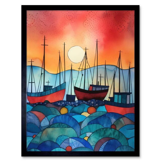 "Artery8 Wall Art Print Fishing Boats At Sunset Folk Art Watercolour Painting Art Framed in Black - Size: W12"" x H16""" - image 1
