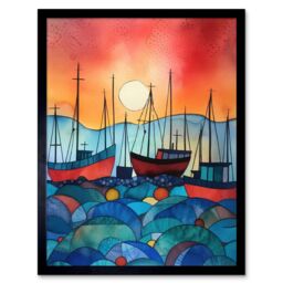 "Artery8 Wall Art Print Fishing Boats At Sunset Folk Art Watercolour Painting Art Framed in Black - Size: W12"" x H16""" - thumbnail 1