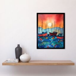 "Artery8 Wall Art Print Fishing Boats At Sunset Folk Art Watercolour Painting Art Framed in Black - Size: W12"" x H16""" - thumbnail 2