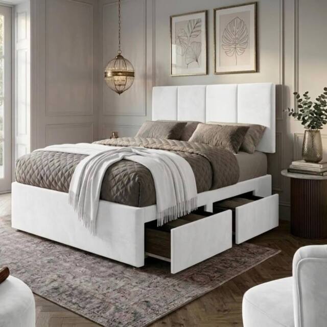 "Bed Time UK Plush Divan Bed with Mattress 20"" Vertical Headboard & 2 Drawers in White - Size: Double" - image 1