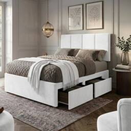 "Bed Time UK Plush Divan Bed with Mattress 20"" Vertical Headboard & 2 Drawers in White - Size: Double" - thumbnail 1