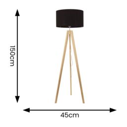 ValueLights Jackson Natural Wood Tripod Floor Lamp with Fabric Lamp Shade in Black - thumbnail 4