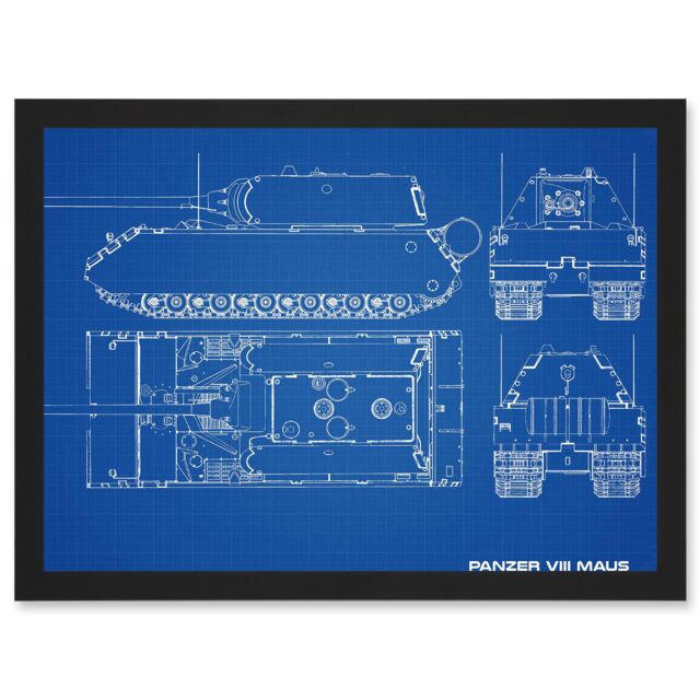 Artery8 Military Panzer VIII Maus Super-Heavy Tank Blueprint Plan Artwork Framed Wall Art Print A4 in Black - image 1