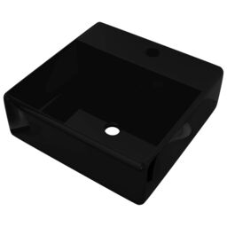 Berkfield Home Ceramic Bathroom Sink Basin Faucet /Overflow Hole Black Square - thumbnail 2
