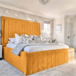 Living Comfort Bedz Geneva Upholstered Bed Frame with 54-inch Headboard - Slatted Base in Mustard - Size: Single - thumbnail 2