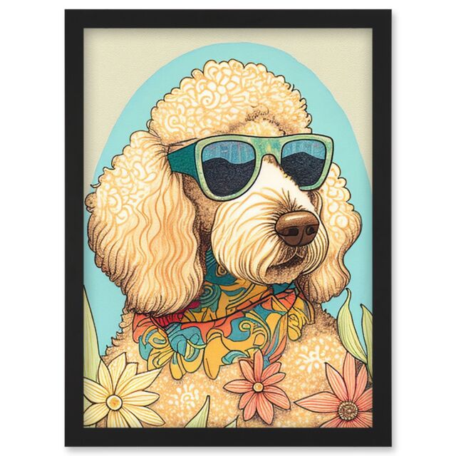 Artery8 Poodle Dog with Sunglasses & Bandana in Daisies Modern Multicoloured Illustration Artwork Framed Wall Art Print A4 in Black - image 1