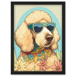 Artery8 Poodle Dog with Sunglasses & Bandana in Daisies Modern Multicoloured Illustration Artwork Framed Wall Art Print A4 in Black - thumbnail 1