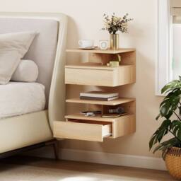 Kelvenix Set of 2 Floating Bedside Table Modern Nightstand with Drawer Oak in Light Brown - Size: 30 cm x 30 cm x 34 cm - thumbnail 4