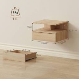 Kelvenix Set of 2 Floating Bedside Table Modern Nightstand with Drawer Oak in Light Brown - Size: 30 cm x 30 cm x 34 cm - thumbnail 2