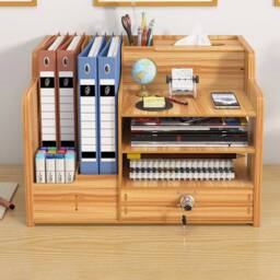 FLAVORA Wooden Desktop Office Storage Organizer With drawer（29×38.8cm×28cm) in Natural - Size: 0.6m2 - thumbnail 2