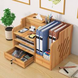 FLAVORA Wooden Desktop Office Storage Organizer With drawer（29×38.8cm×28cm) in Natural - Size: 0.6m2 - thumbnail 3