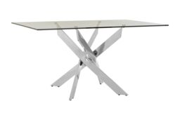 Orsina Rectangular Glass Dining Table, Modern Tempered Glass Top Dining Table With Chrome Intersected Base in Silver