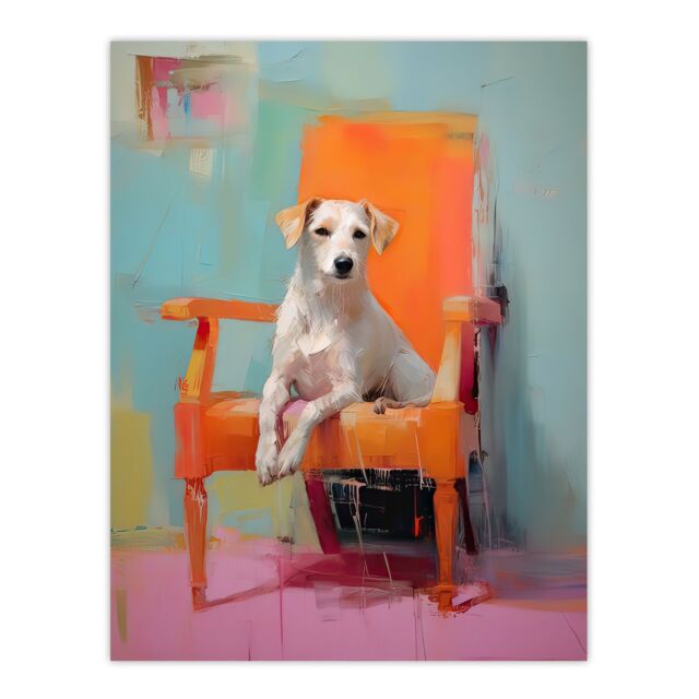 "Artery8 Wall Art Print Content Dog Portrait Resting on Orange Armchair Poster Picture - Size: W18"" x H24""" - image 1