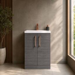 Balterley Bathroom Vanity Basin Unit, Copper Handles, 600mm, Wood Grey - thumbnail 4
