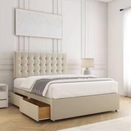 "BSSPOKE Maria Velvet Divan Bed Set 24""Headboard & 2Drawers Footend & Mattress in Cream - Size: King"