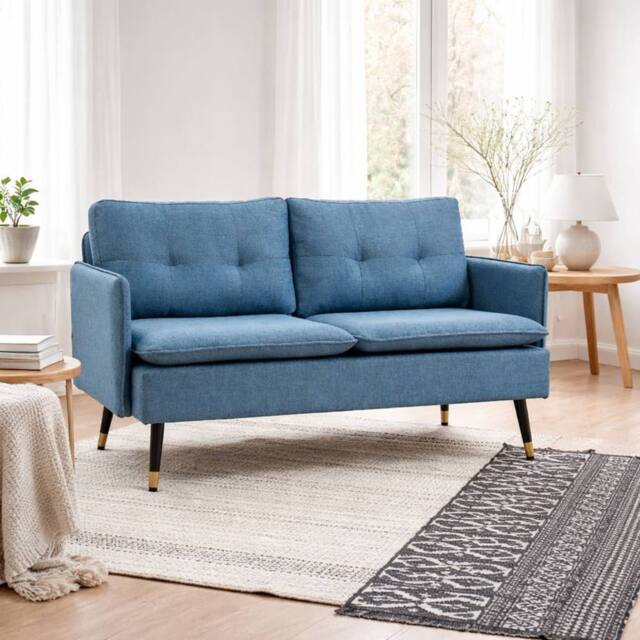 Wyld Haus Mado 2 Seater Sofa Dark Blue Button Tufted Cushions Gold Steel Legs - image 1