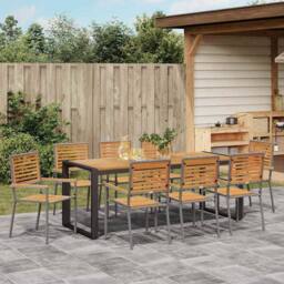 Berkfield Home Modern 9 Piece Garden Dining Set Grey Poly Rattan Acacia - thumbnail 4