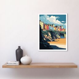 "Artery8 Wall Art Print Tenby Harbour Beach Coastal Town Art Framed in White - Size: W12"" x H16""" - thumbnail 2