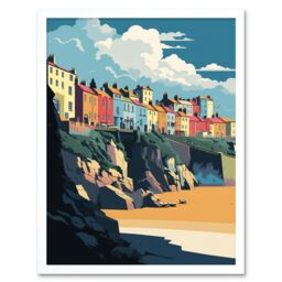 "Artery8 Wall Art Print Tenby Harbour Beach Coastal Town Art Framed in White - Size: W12"" x H16""" - thumbnail 1