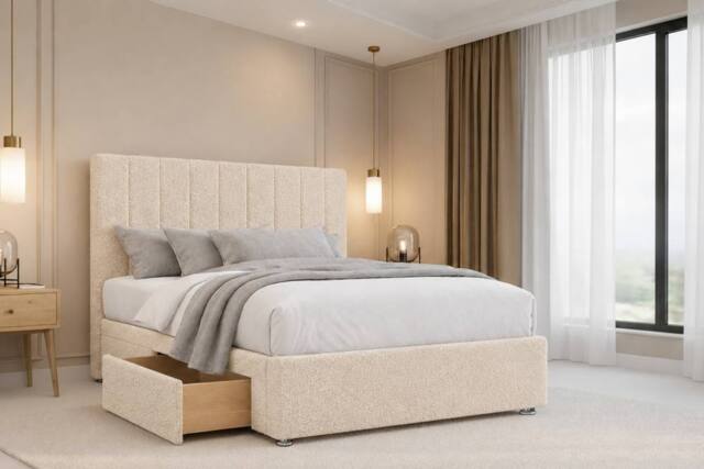 "Chester & Oakley Lunar Teddy Divan Bed Base 2 Drawers Foot-End - 26"" Headboard in Cream - Size: Super King" - image 1