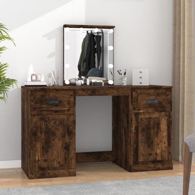 Berkfield Home Dressing Table with LED Smoked Oak 130x50x132.5 cm in Brown - image 1