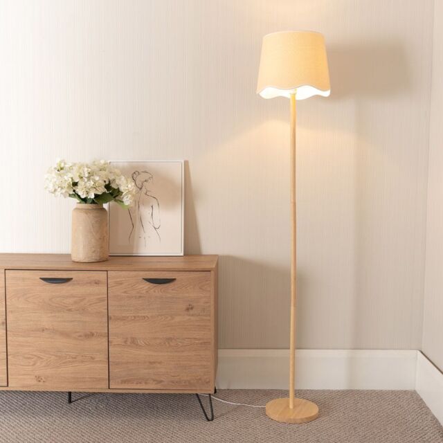 ValueLights Heather Light Wood Single Stem Floor Lamp with Scallop Edge Tapered Lamp Shade in White - image 1