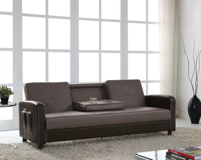 Home Detail DISCONTINUED Tampa Faux Leather Sofa Bed With Constrast Stitching & Pulldown Cupholder in True Black - image 1