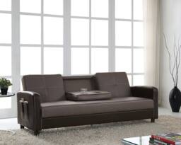 Home Detail DISCONTINUED Tampa Faux Leather Sofa Bed With Constrast Stitching & Pulldown Cupholder in True Black