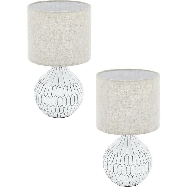 Loops 2 PACK Table Lamp White Patterned Base Shade Light Brown Fabric Linen E27 1x40W - image 1