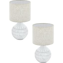 Loops 2 PACK Table Lamp White Patterned Base Shade Light Brown Fabric Linen E27 1x40W - thumbnail 1