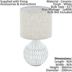 Loops 2 PACK Table Lamp White Patterned Base Shade Light Brown Fabric Linen E27 1x40W - thumbnail 2