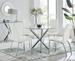 FurnitureboxUK Selina Round Glass Chrome Leg Dining Table & Isco Chairs in Off-White - Size: 4 Person - thumbnail 1