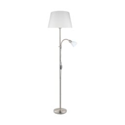 Loops Floor Lamp Light Satin Nickel Shade White Fabric Glass Bulb E27&E14 1x60W/1x40W in Metallics