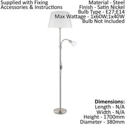 Loops Floor Lamp Light Satin Nickel Shade White Fabric Glass Bulb E27&E14 1x60W/1x40W in Metallics - thumbnail 2