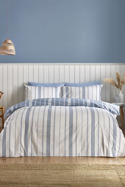 Catherine Lansfield 'Harbour Stripe' Reversible Duvet Cover Set in Blue - Size: Double - image 1