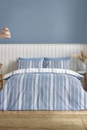 Catherine Lansfield 'Harbour Stripe' Reversible Duvet Cover Set in Blue - Size: Double - thumbnail 2