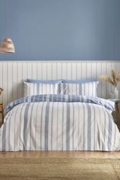 Catherine Lansfield 'Harbour Stripe' Reversible Duvet Cover Set in Blue - Size: Double - thumbnail 1