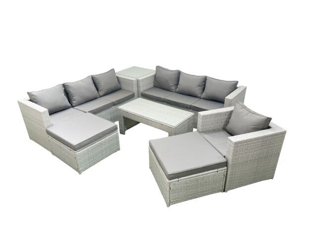 Fimous Wicker PE Rattan Sofa Garden Furniture Set with Oblong Coffee Table Armchair 2 Big Footstools Side Table Light Grey Mixed - image 1