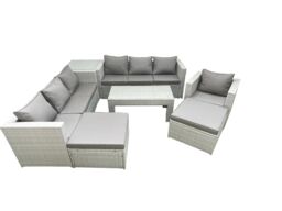 Fimous Wicker PE Rattan Sofa Garden Furniture Set with Oblong Coffee Table Armchair 2 Big Footstools Side Table Light Grey Mixed - thumbnail 2