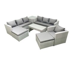 Fimous Wicker PE Rattan Sofa Garden Furniture Set with Oblong Coffee Table Armchair 2 Big Footstools Side Table Light Grey Mixed - thumbnail 1